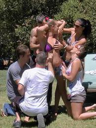 Find-Best-Pantyhose.com presents: Three naughty girls gets banged outdoors in group sex game