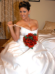 Find-Best-Pantyhose.com presents: Horny bride Claire Dames enjoys licking her big tits and fingering her pussy