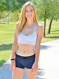 Find-Best-Pantyhose.com presents: Sporty blonde babe Dakota strips her clothes and flaunts her hot body outdoors