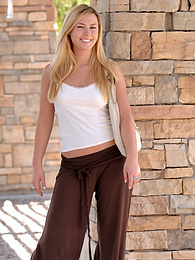 Find-Best-Pantyhose.com presents: Light-Haired american cutie Summer Solstice removes her clothes and toys her twat