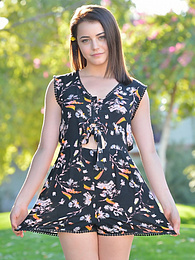 Find-Best-Pantyhose.com presents: Svelte american dark-haired teen Kylie Quinn in shorts toys her twat outdoor