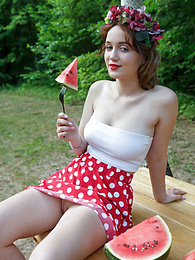Find-Best-Pantyhose.com presents: Nice belarusian stunner Rokki removes all clothes on a blanket in a backyard