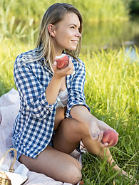 Find-Best-Pantyhose.com presents: Skinny blonde Paulina gets naked on a blanket in a field of wheat
